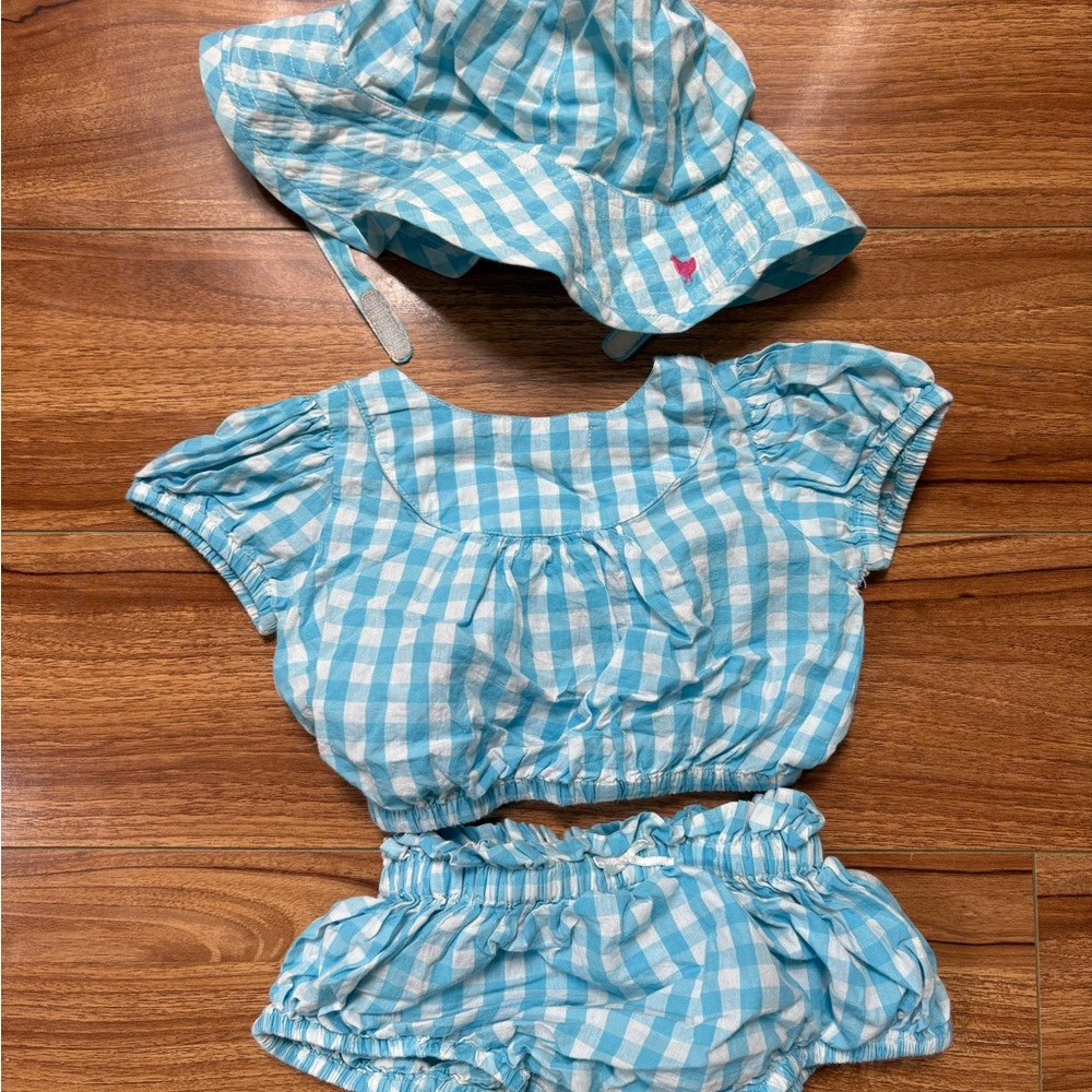 Pink Chicken Blue Checkered Kids Hat and Outfit Set